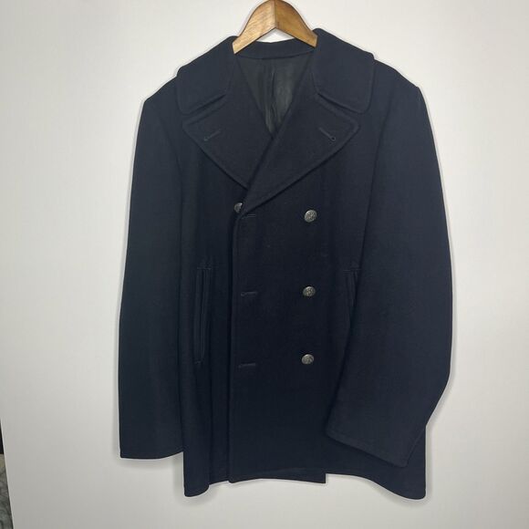 Vintage 1970s Navy Black Wool Peacoat Overcoat Pewter Buttons 38R - Picture 3 of 12